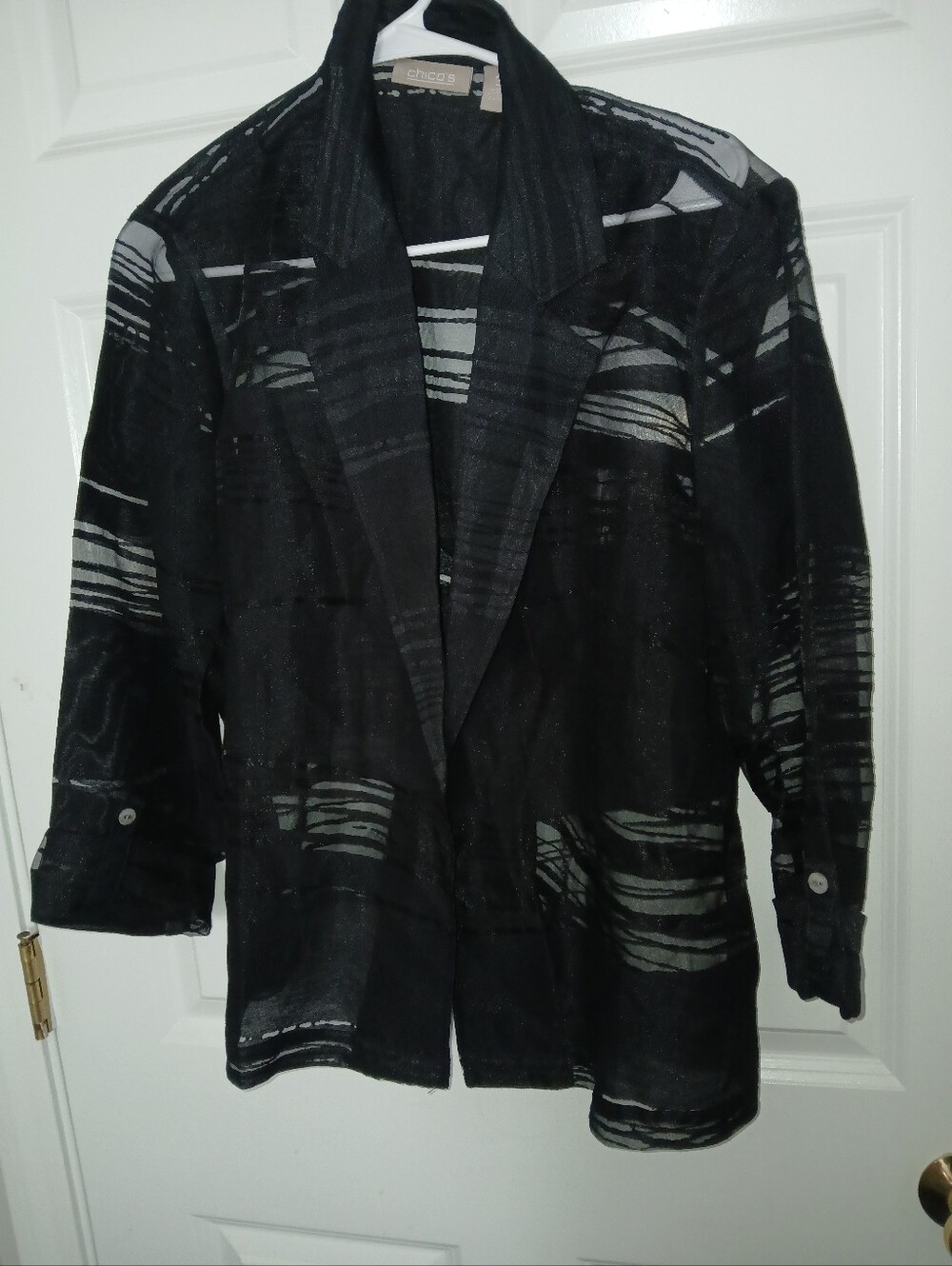 CHICOS Sheer Black Striped Burnout Jacket 3/4  sleeve open front size 3